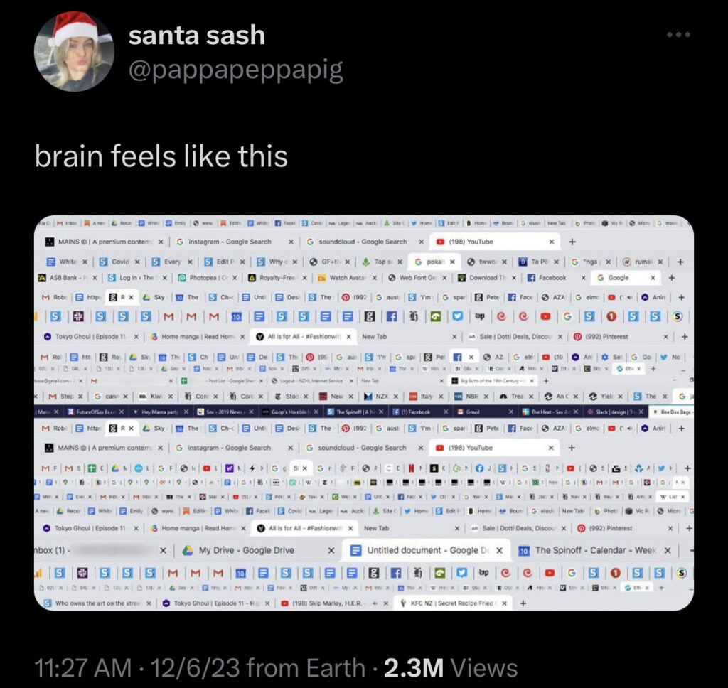 Screenshot of a tweet from @pappapeppapig dated December 6, 2023, and featuring an image of tons and tons of open browser tabs squished together on multiple lines and a caption that reads, "brain feels like this." 

This image is truly the most accurate representation of my autistic brain I've ever seen.