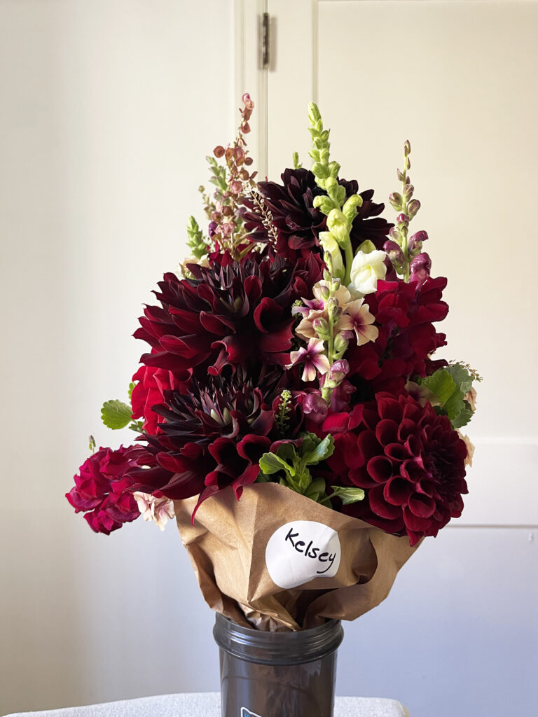 Close-up view of a beautiful bouquet of red dahlias. 