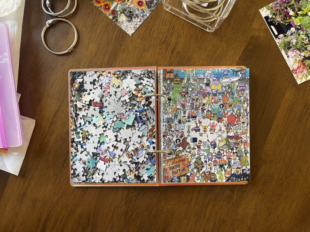 Spread #7. The left-hand page is a photo of the puzzle's unpuzzled pieces. The right-hand page is a photo of the completed puzzle of very small and colorful illustrations of the entire cast of SpongeBob. 