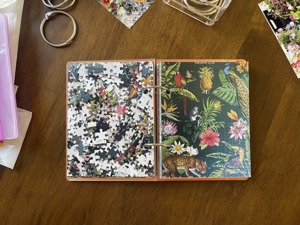 Spread #8. The left-hand page is a photo of the puzzle's unpuzzled pieces. The right-hand page is a photo of the completed puzzle of various tropical flora and fauna.