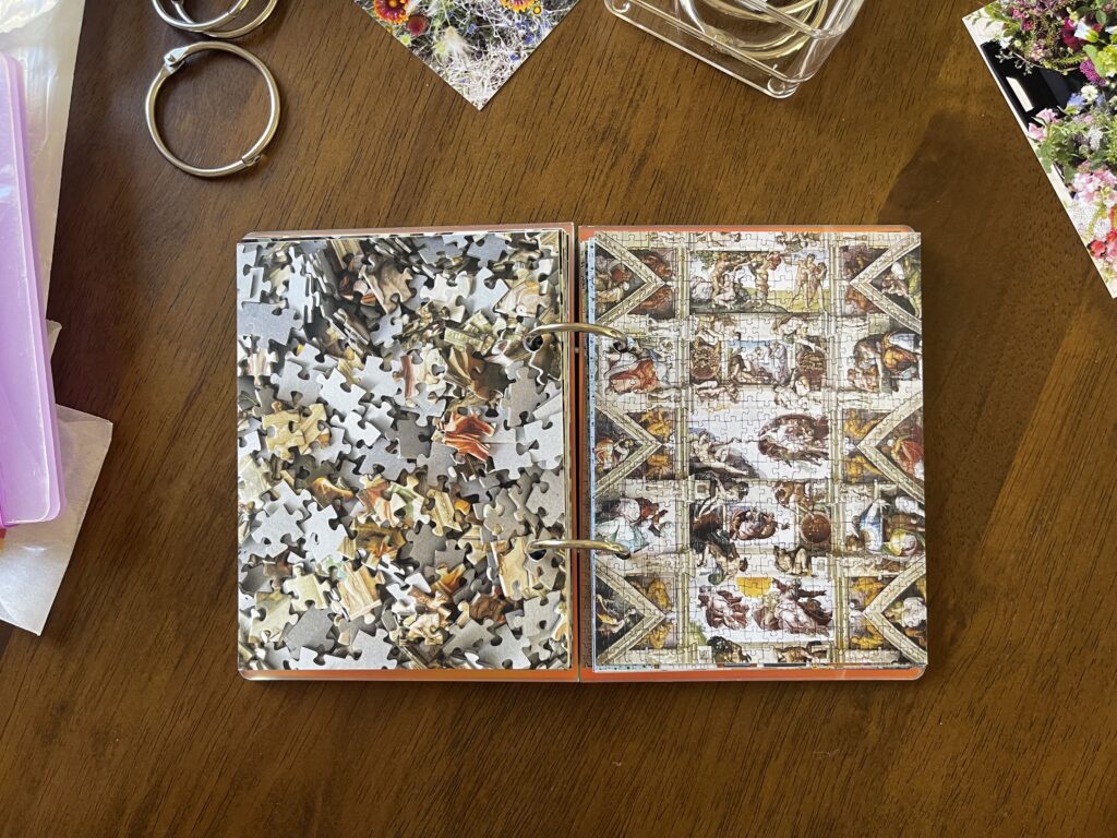 Spread #13. The left-hand page is a photo of the puzzle's unpuzzled pieces. The right-hand page is a photo of the completed puzzle of Michelangelo's Sistine Chapel ceiling. 