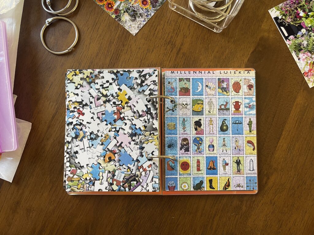 Spread #16. The left-hand page is a photo of the puzzle's unpuzzled pieces. The right-hand page is a photo of the completed puzzle of millennial lotería cards. 