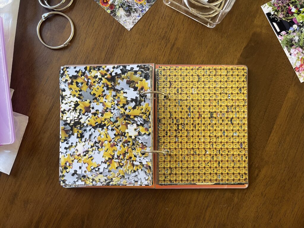 Spread #17. The left-hand page is a photo of the puzzle's unpuzzled pieces. The right-hand page is a photo of the completed puzzle of a bunch of tiny LEGO faces. 