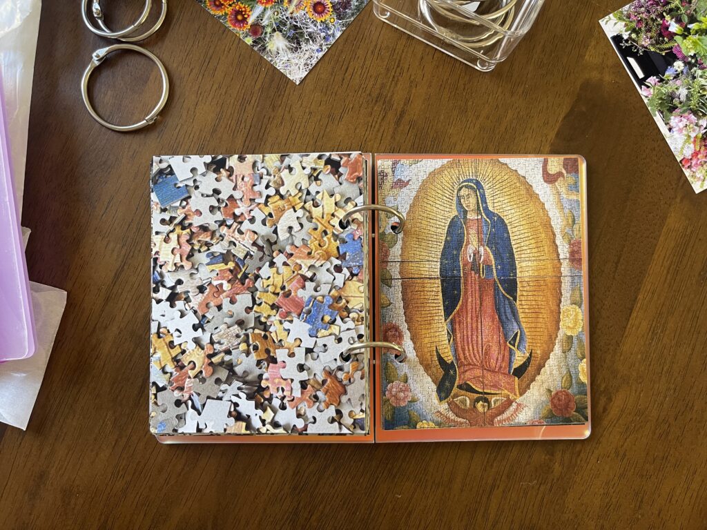 Spread #20. The left-hand page is a photo of the puzzle's unpuzzled pieces. The right-hand page is a photo of the completed puzzle of a the Virgin of Guadalupe.