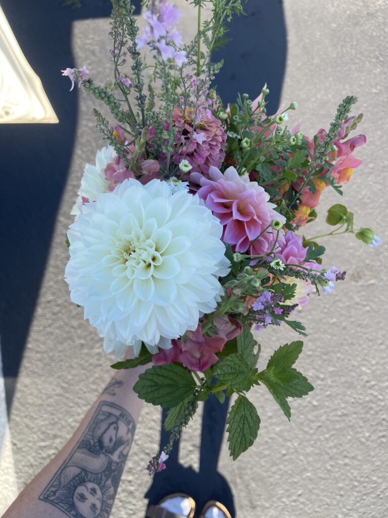 The same fresh, beautiful, end-of summer bouquet of pink, orange, and white dahlias and snapdragons and lots of green filler plants featured above, just from a different angle. 